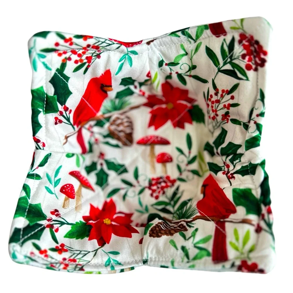 HAND CRAFTED Colorful Cotton Fabric Red Cardinals Fabric Trinket Basket Bowl